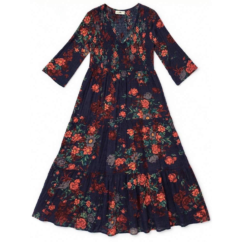 Natural Life Floral Maxi Dress S Navy Boho V Neck Smocked 3/4 Sleeve Cottagecore